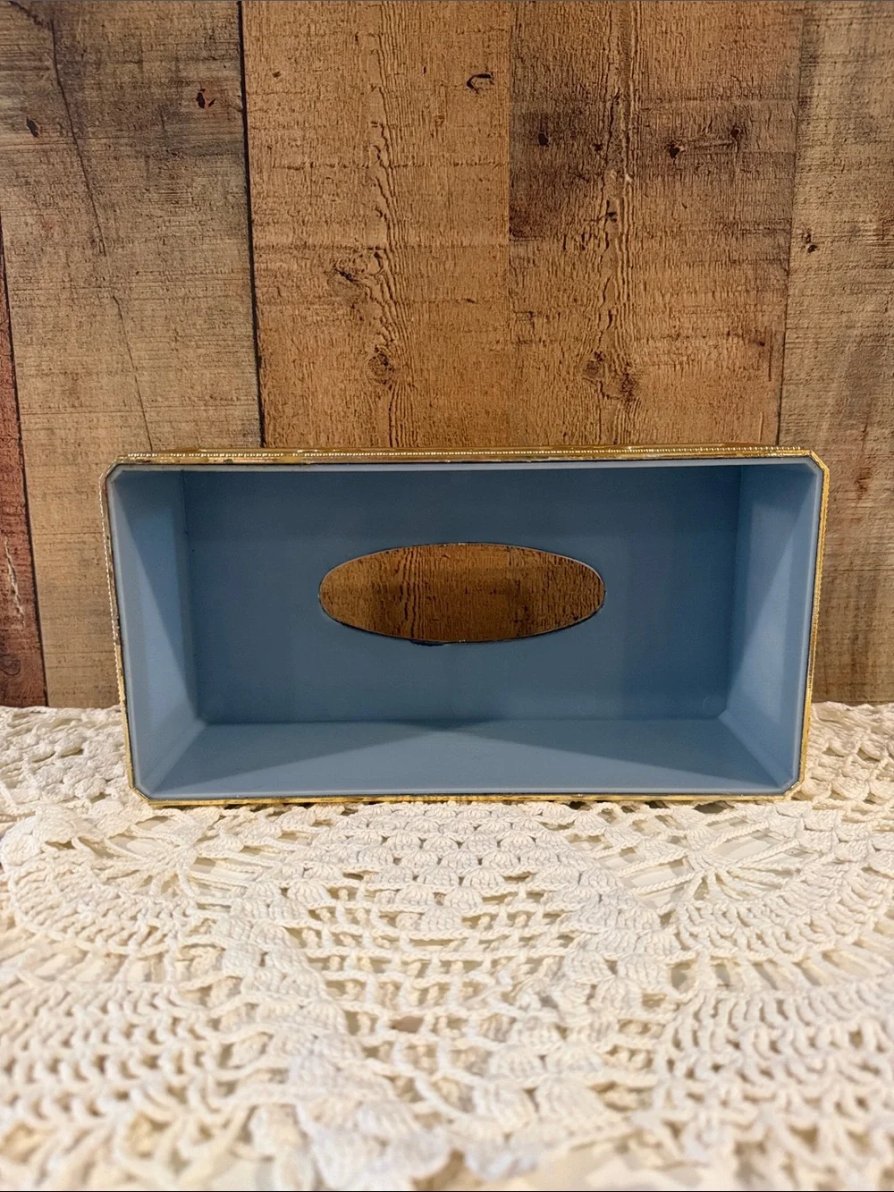 Vtg Hollywood Regency Style Gold Tone Filligree Flocked Blue Tissue Box Cover